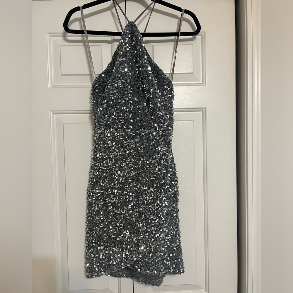 Hello Molly Silver Sequin Halter Mini Dress - Picture 3 of 6